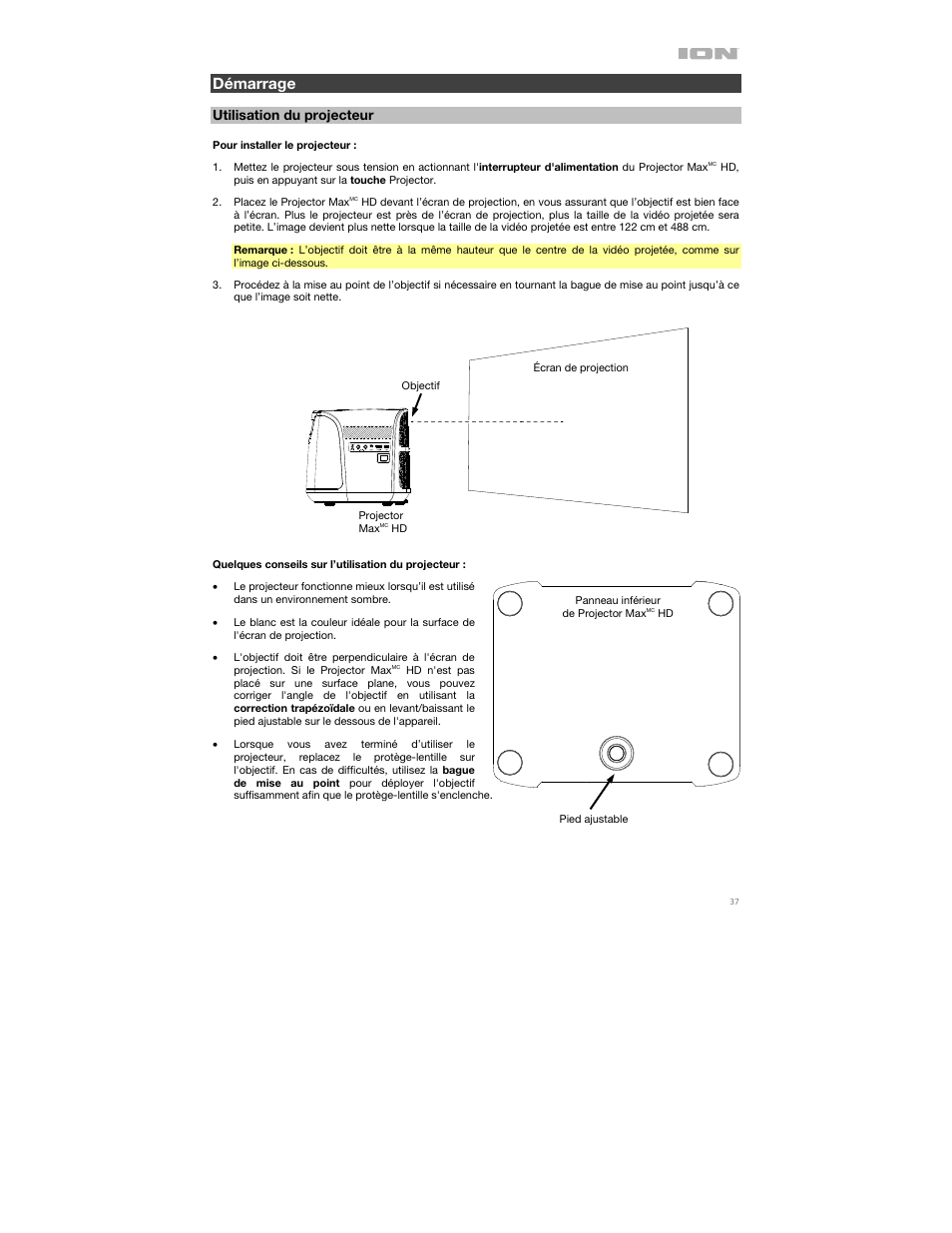 Démarrage, Utilisation du projecteur | ION Audio Projector Max HD Full HD Portable Projector and Bluetooth Speaker User Manual | Page 37 / 49