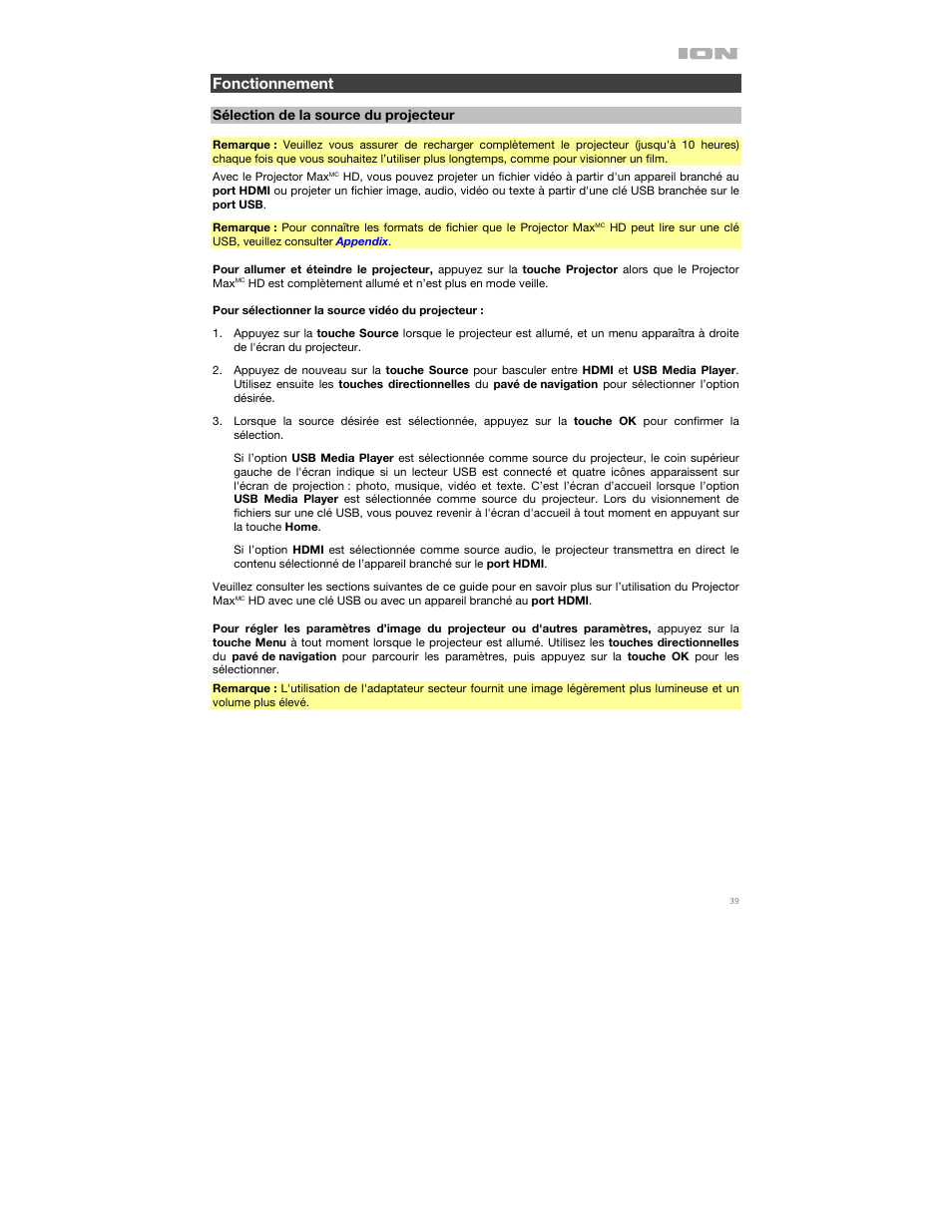 Fonctionnement, Sélection de la source du projecteur | ION Audio Projector Max HD Full HD Portable Projector and Bluetooth Speaker User Manual | Page 39 / 49