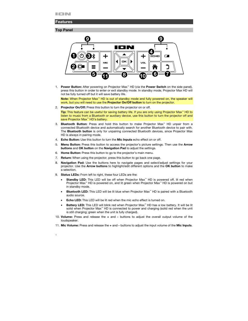 Features, Top panel | ION Audio Projector Max HD Full HD Portable Projector and Bluetooth Speaker User Manual | Page 4 / 49