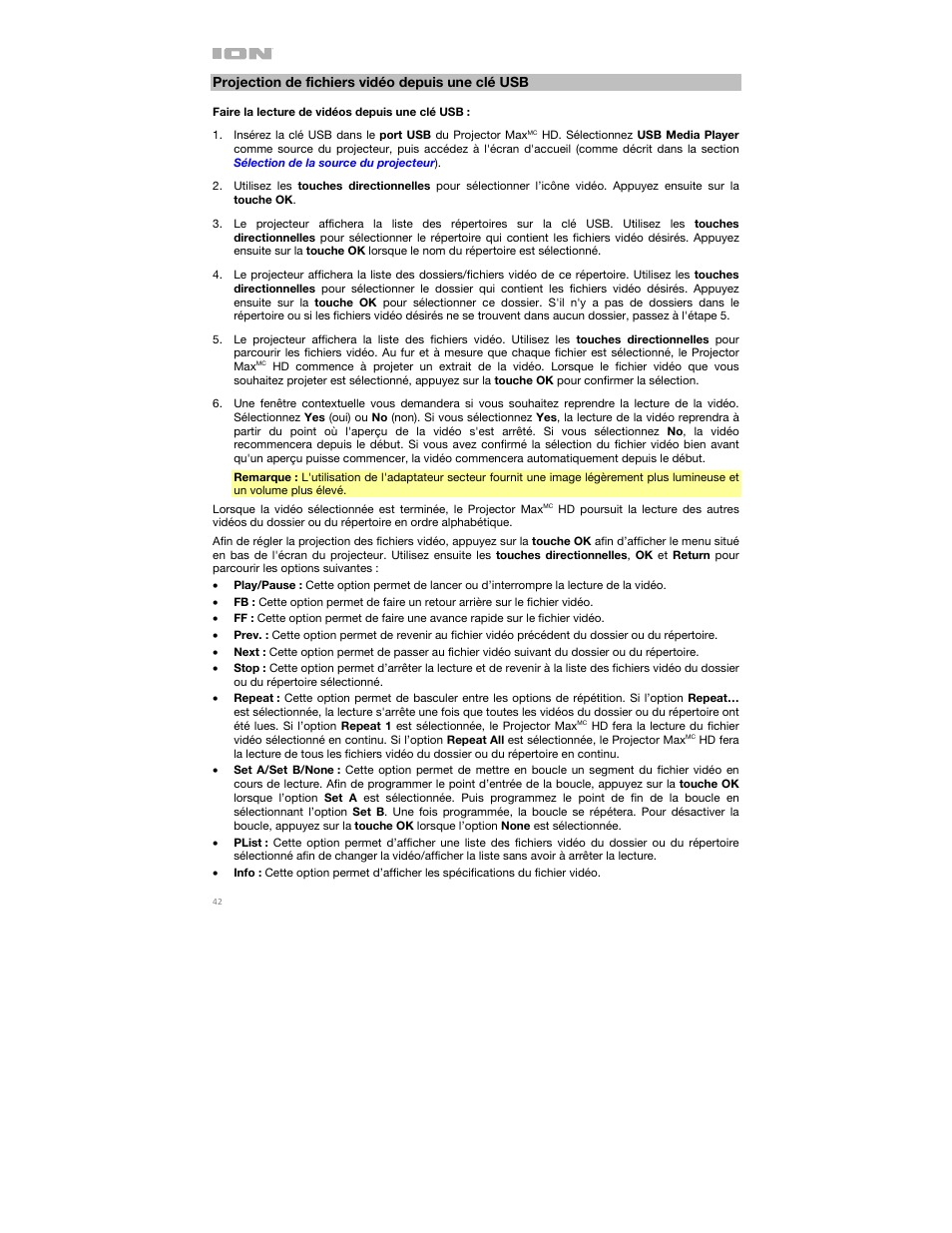 Projection de fichiers vidéo depuis une clé usb | ION Audio Projector Max HD Full HD Portable Projector and Bluetooth Speaker User Manual | Page 42 / 49