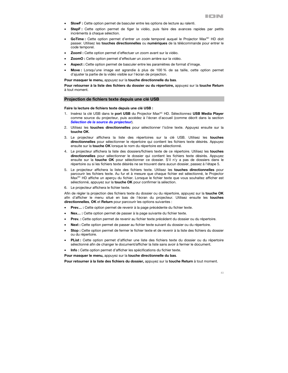 Projection de fichiers texte depuis une clé usb | ION Audio Projector Max HD Full HD Portable Projector and Bluetooth Speaker User Manual | Page 43 / 49