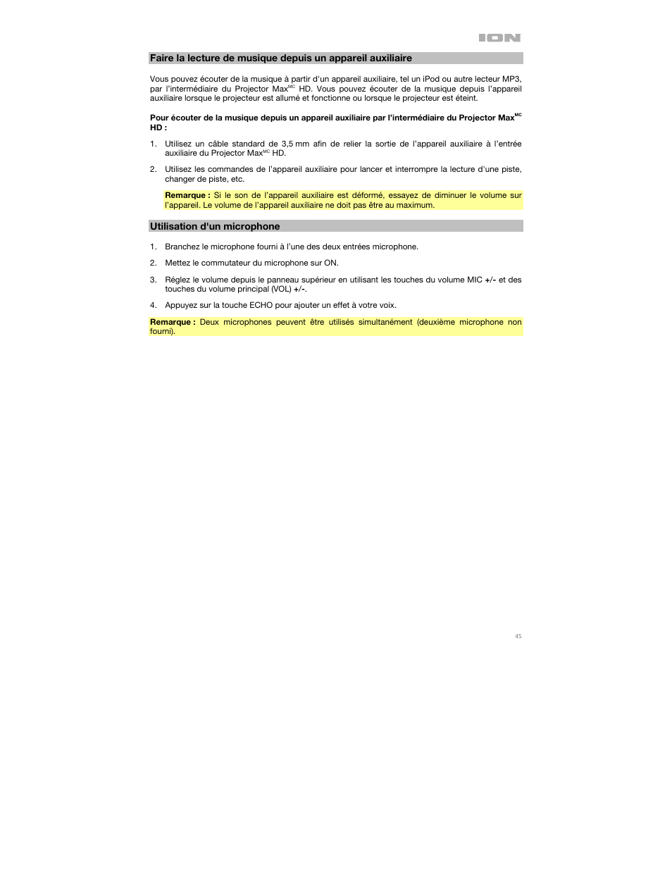 Utilisation d'un microphone | ION Audio Projector Max HD Full HD Portable Projector and Bluetooth Speaker User Manual | Page 45 / 49