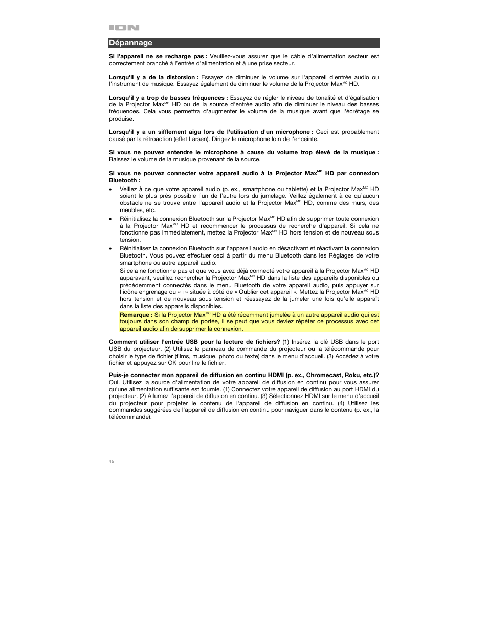 Dépannage | ION Audio Projector Max HD Full HD Portable Projector and Bluetooth Speaker User Manual | Page 46 / 49