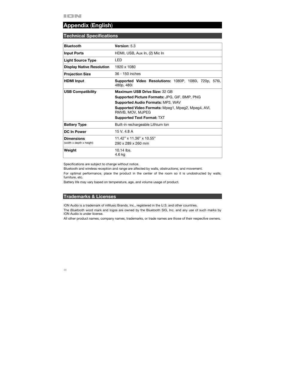 Appendix (english), Technical specifications, Trademarks & licenses | Appendix ( english ) | ION Audio Projector Max HD Full HD Portable Projector and Bluetooth Speaker User Manual | Page 48 / 49
