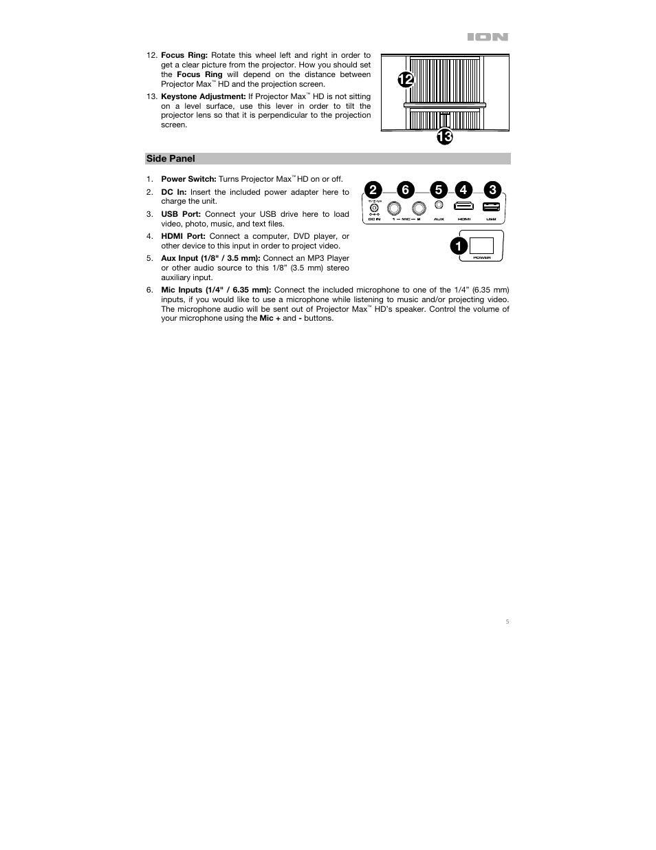 Side panel | ION Audio Projector Max HD Full HD Portable Projector and Bluetooth Speaker User Manual | Page 5 / 49