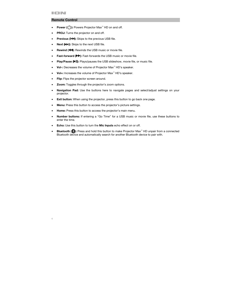 Remote control | ION Audio Projector Max HD Full HD Portable Projector and Bluetooth Speaker User Manual | Page 6 / 49