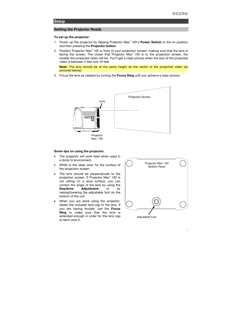 Setup, Getting the projector ready | ION Audio Projector Max HD Full HD Portable Projector and Bluetooth Speaker User Manual | Page 7 / 49
