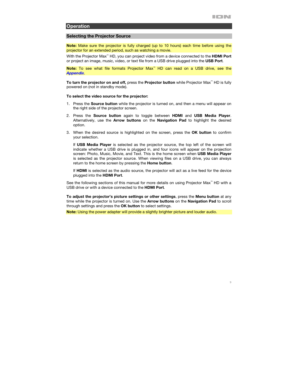 Operation, Selecting the projector source | ION Audio Projector Max HD Full HD Portable Projector and Bluetooth Speaker User Manual | Page 9 / 49