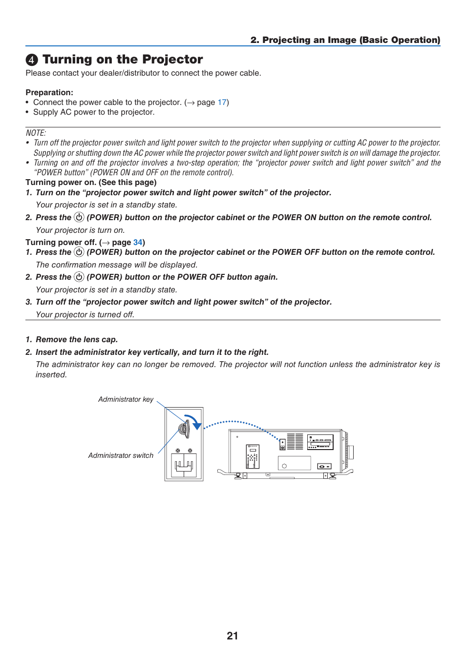 4) turning on the projector, Turning on the projector | NEC 40,000-Lumen 4K Laser Installation Projector User Manual | Page 38 / 192