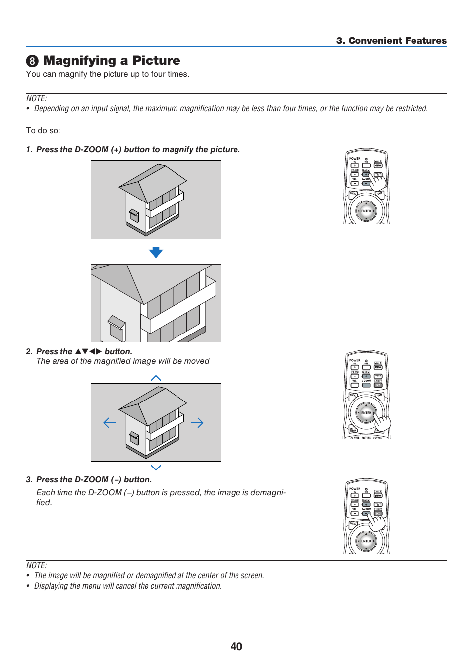 8) magnifying a picture, Magnifying a picture | NEC 40,000-Lumen 4K Laser Installation Projector User Manual | Page 57 / 192
