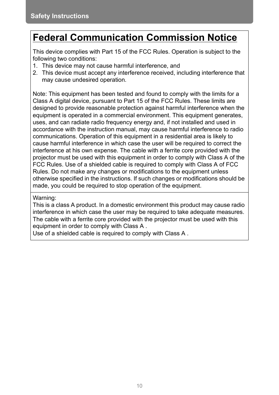 Federal communication commission notice | Canon REALiS 4K501ST Pro AV 5000-Lumen LCoS Projector User Manual | Page 10 / 196