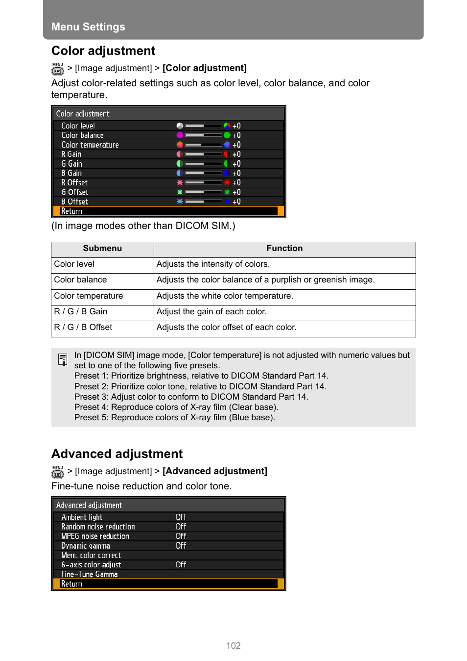 Color adjustment, Advanced adjustment, Tment | P102, And lamp, Menu settings | Canon REALiS 4K501ST Pro AV 5000-Lumen LCoS Projector User Manual | Page 102 / 196