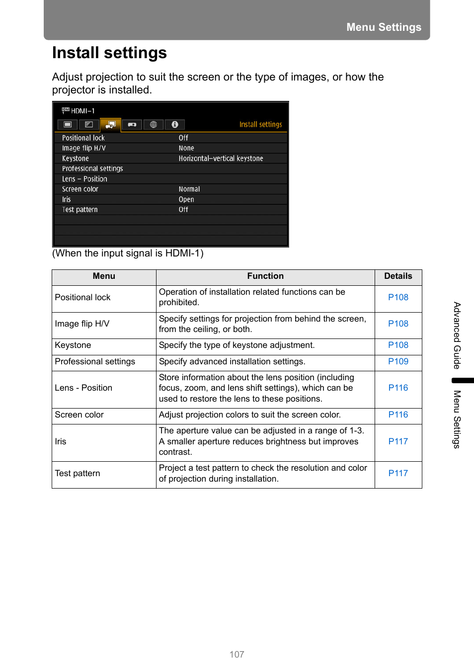 Install settings, Tterns, see “install settings, P107 | All settings, Menu settings | Canon REALiS 4K501ST Pro AV 5000-Lumen LCoS Projector User Manual | Page 107 / 196