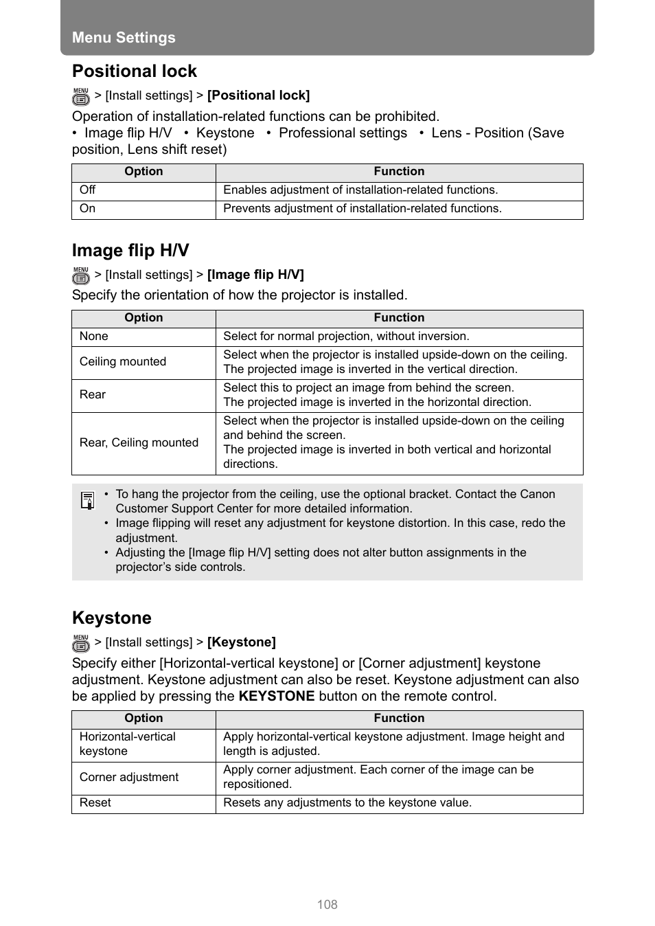 Positional lock, Image flip h/v, Keystone | P108, Menu settings | Canon REALiS 4K501ST Pro AV 5000-Lumen LCoS Projector User Manual | Page 108 / 196