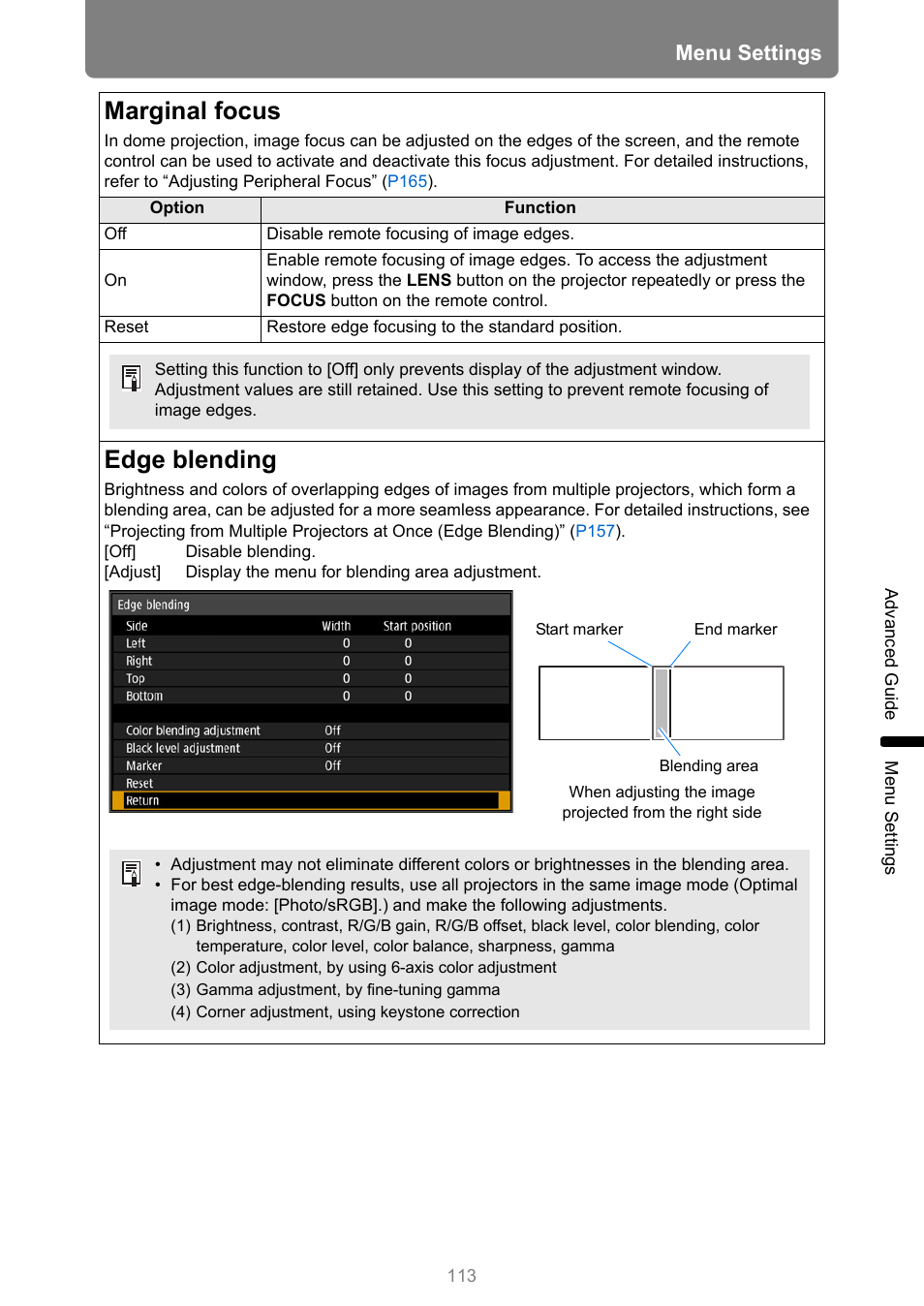 Marginal focus, Edge blending, P113 | Menu settings | Canon REALiS 4K501ST Pro AV 5000-Lumen LCoS Projector User Manual | Page 113 / 196