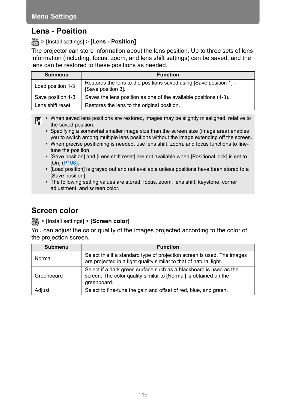 Lens - position, Screen color, P116 | Menu settings | Canon REALiS 4K501ST Pro AV 5000-Lumen LCoS Projector User Manual | Page 116 / 196