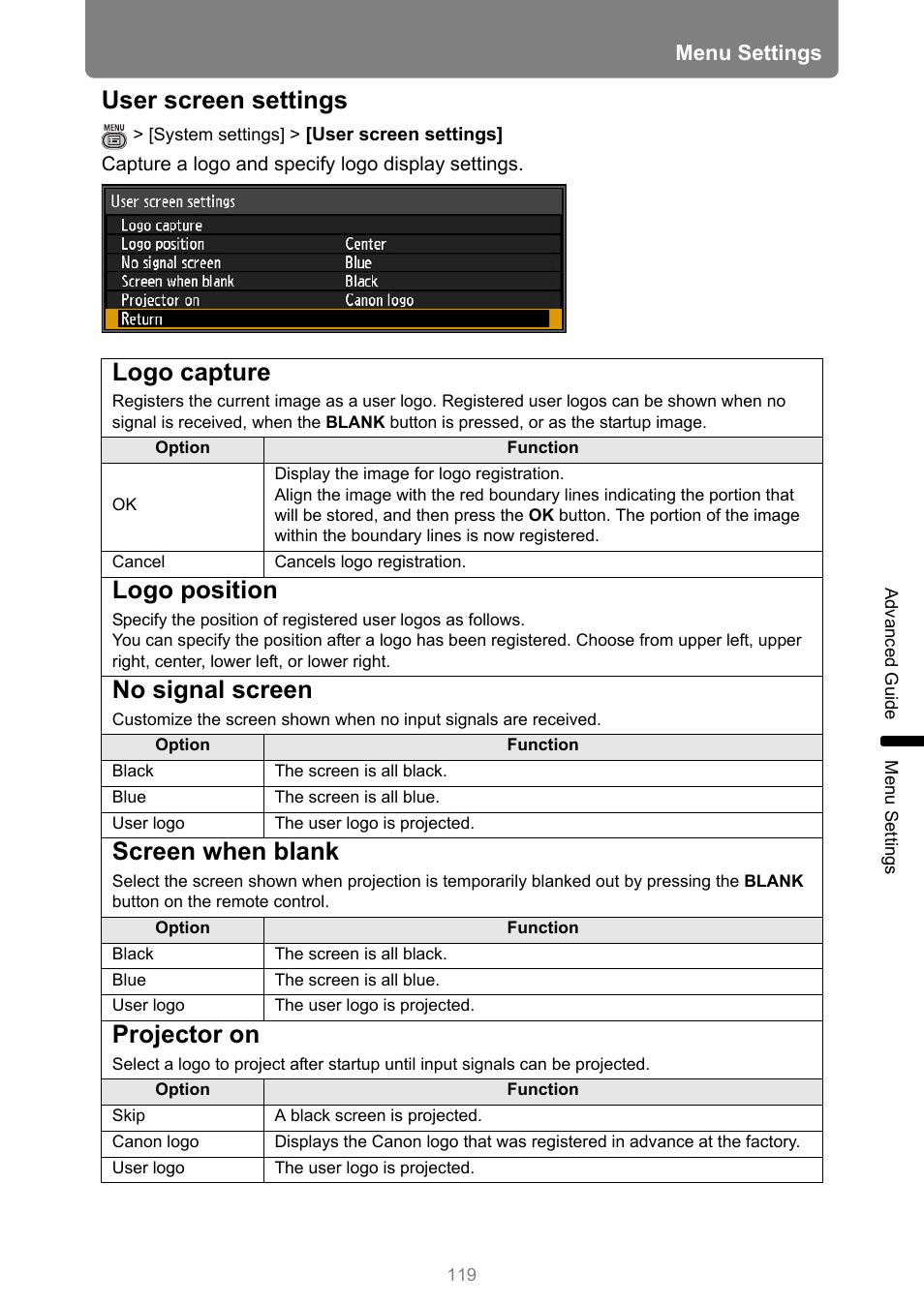 User screen settings, Logo capture, Logo position | No signal screen, Screen when blank, Projector on, P119, Menu settings | Canon REALiS 4K501ST Pro AV 5000-Lumen LCoS Projector User Manual | Page 119 / 196