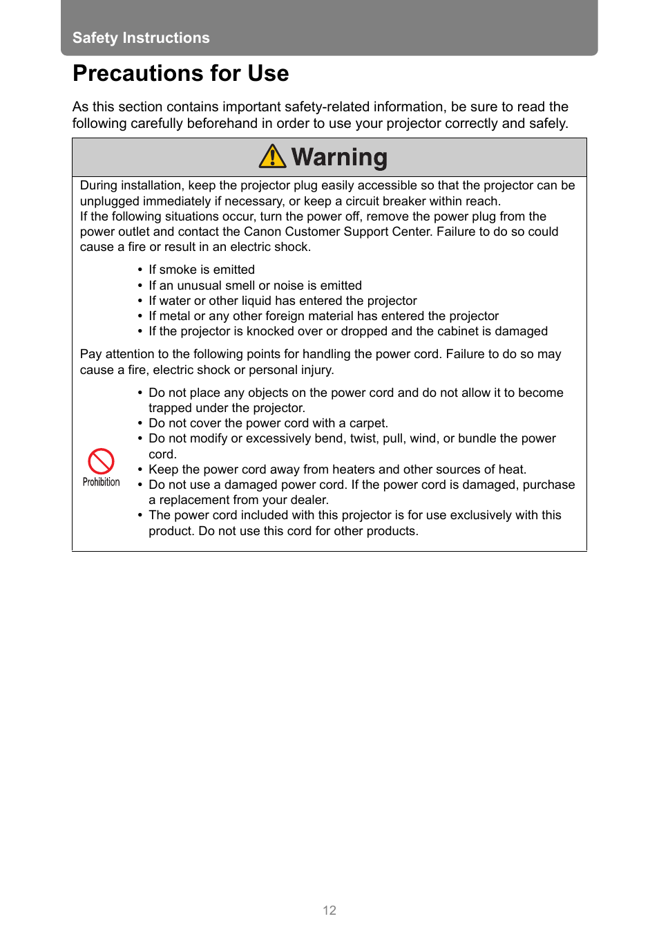 Precautions for use | Canon REALiS 4K501ST Pro AV 5000-Lumen LCoS Projector User Manual | Page 12 / 196