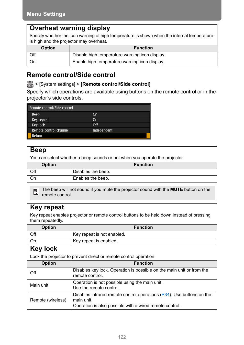 Overheat warning display, Remote control/side control, Beep | Key repeat, Key lock, P122, Menu settings | Canon REALiS 4K501ST Pro AV 5000-Lumen LCoS Projector User Manual | Page 122 / 196