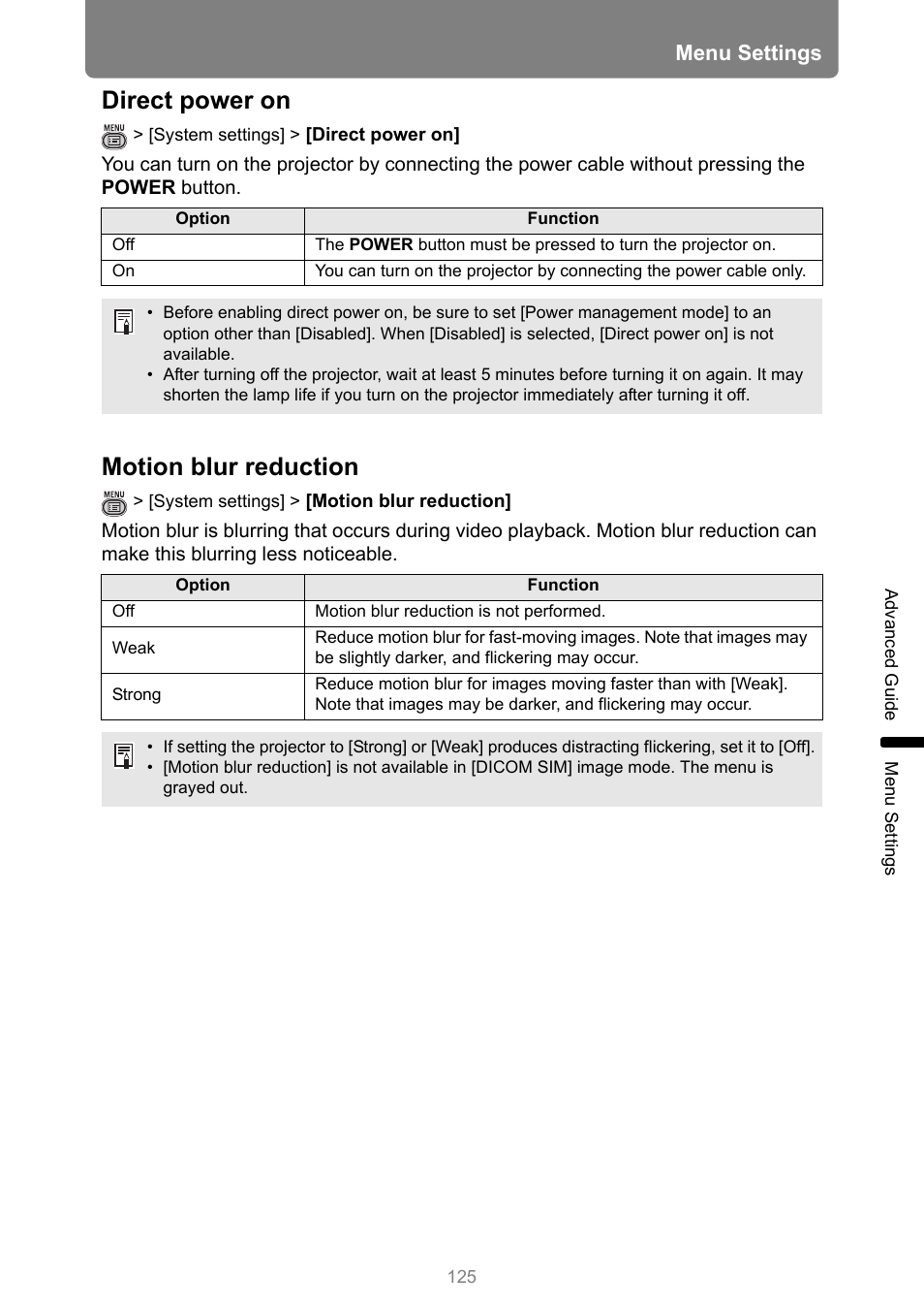 Direct power on, Motion blur reduction, P125 | Menu settings | Canon REALiS 4K501ST Pro AV 5000-Lumen LCoS Projector User Manual | Page 125 / 196