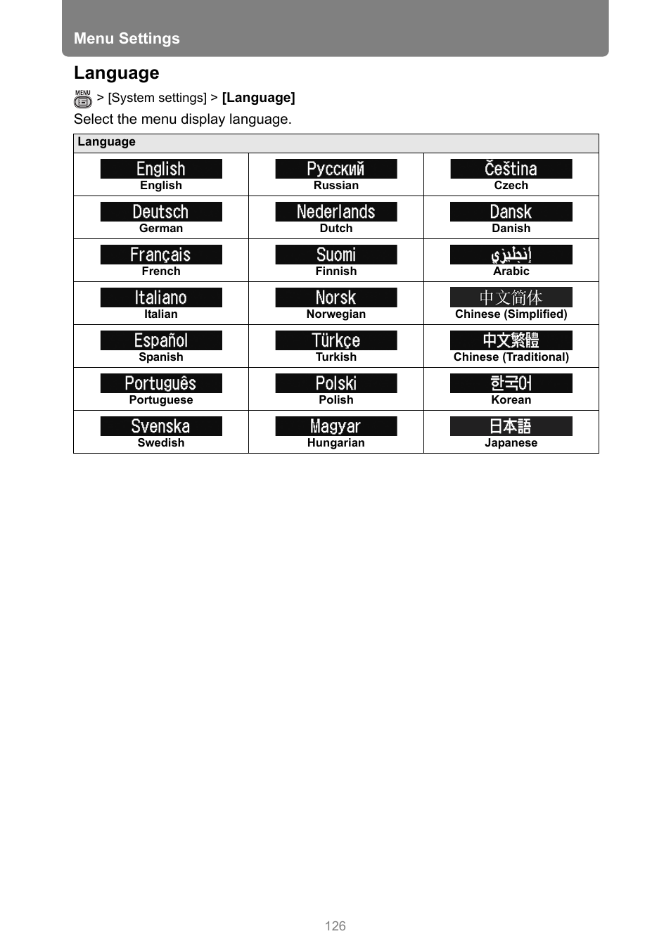 Language, P126, Menu settings | Canon REALiS 4K501ST Pro AV 5000-Lumen LCoS Projector User Manual | Page 126 / 196