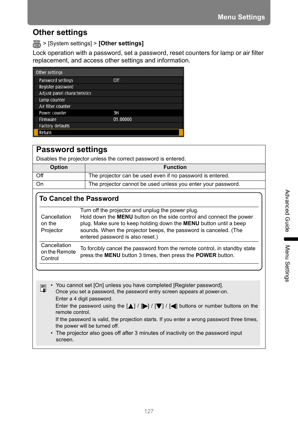 Other settings, Password settings, P127 | Menu settings | Canon REALiS 4K501ST Pro AV 5000-Lumen LCoS Projector User Manual | Page 127 / 196
