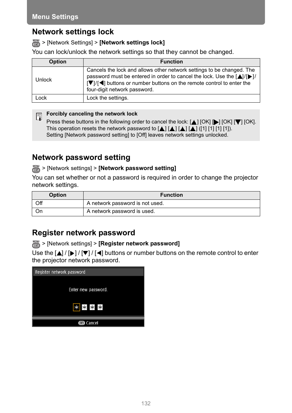Network settings lock, Network password setting, Register network password | P132 | Canon REALiS 4K501ST Pro AV 5000-Lumen LCoS Projector User Manual | Page 132 / 196