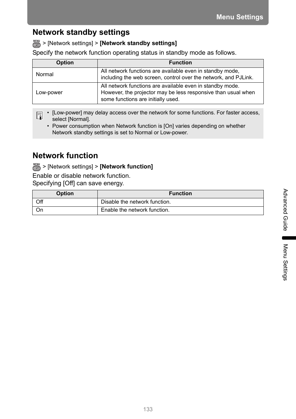 Network standby settings, Network function, Andby settings | P133, Menu settings | Canon REALiS 4K501ST Pro AV 5000-Lumen LCoS Projector User Manual | Page 133 / 196