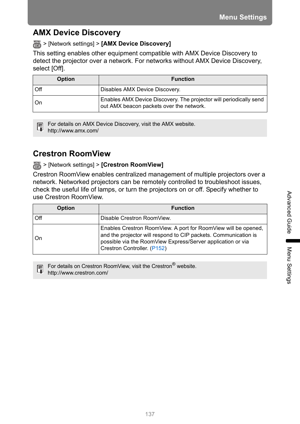 Amx device discovery, Crestron roomview, P137 | Scovery, Menu settings | Canon REALiS 4K501ST Pro AV 5000-Lumen LCoS Projector User Manual | Page 137 / 196