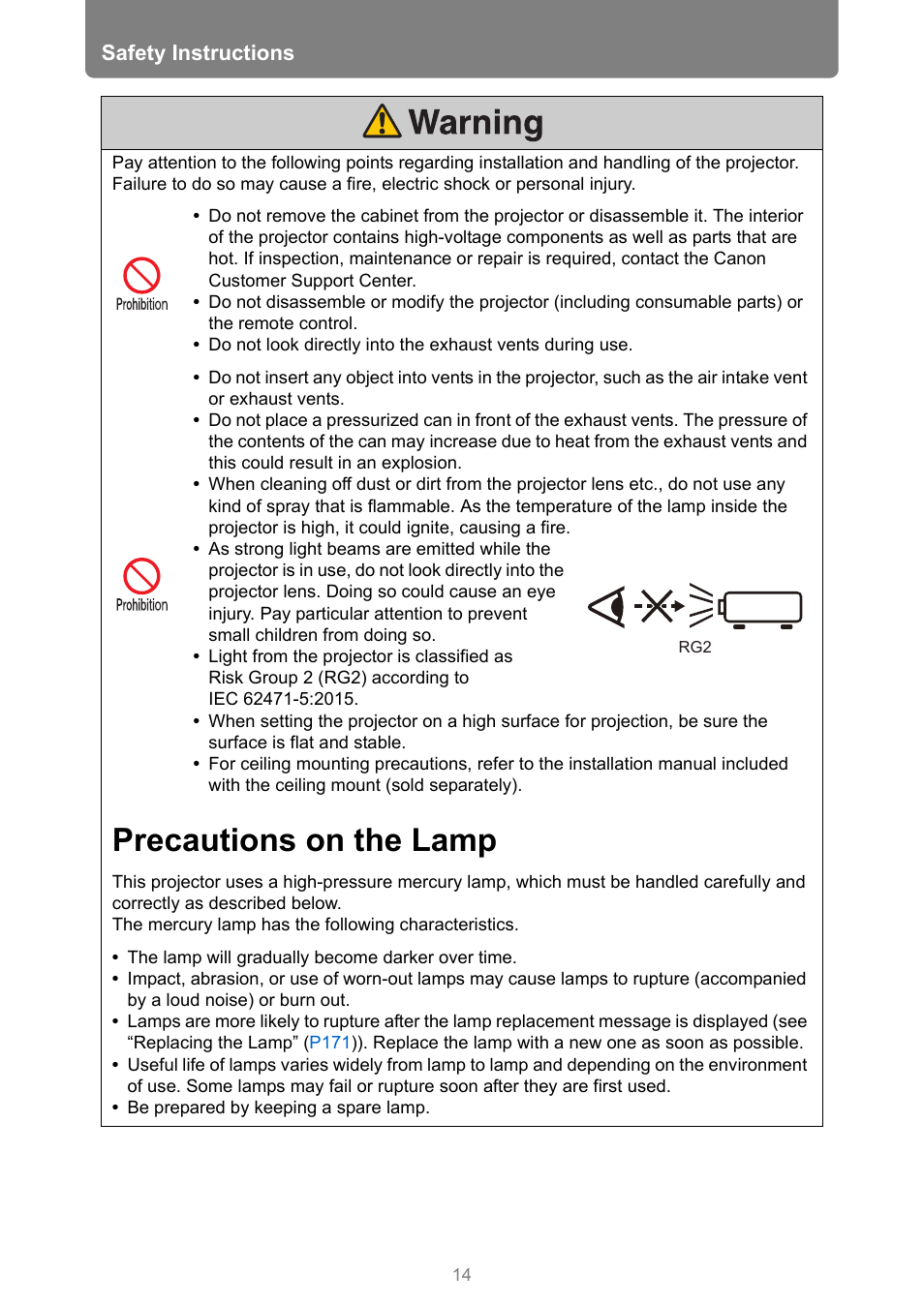 Precautions on the lamp, Safety instructions | Canon REALiS 4K501ST Pro AV 5000-Lumen LCoS Projector User Manual | Page 14 / 196