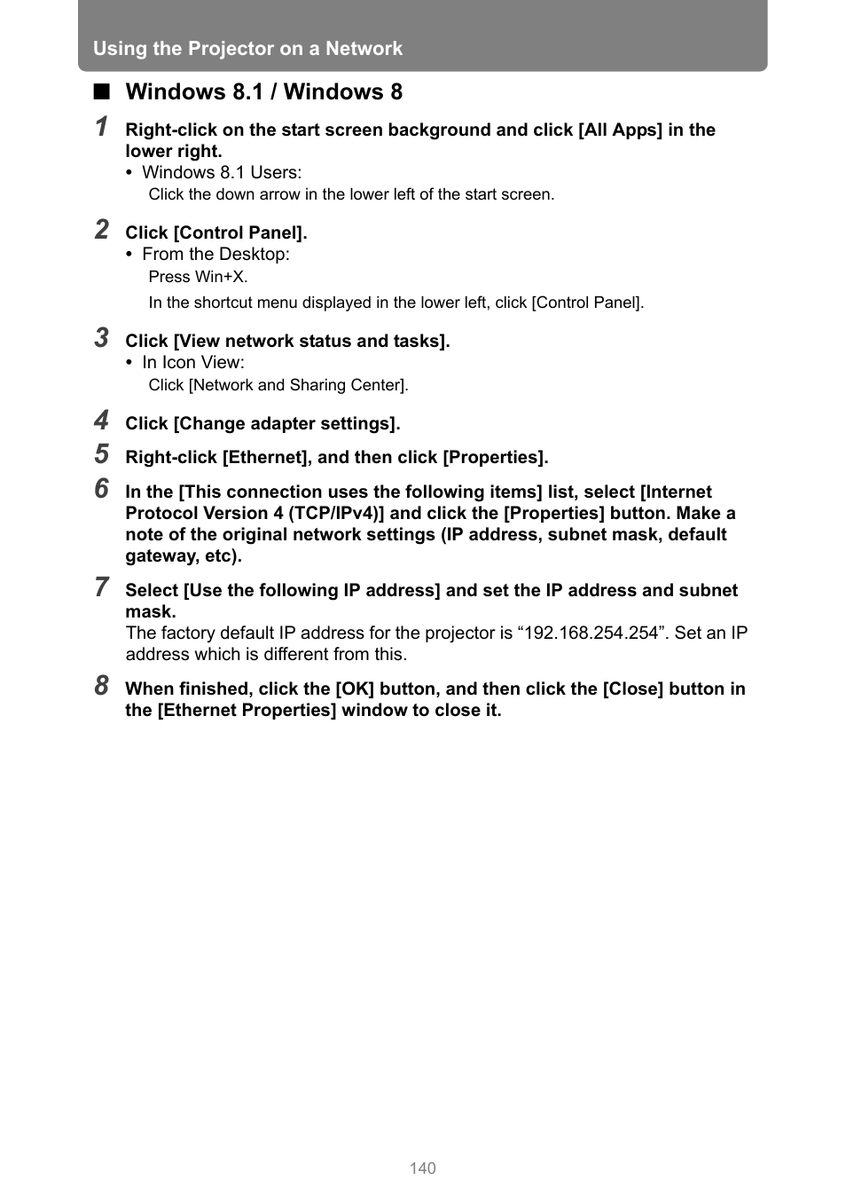 Windows 8.1 / windows 8 | Canon REALiS 4K501ST Pro AV 5000-Lumen LCoS Projector User Manual | Page 140 / 196