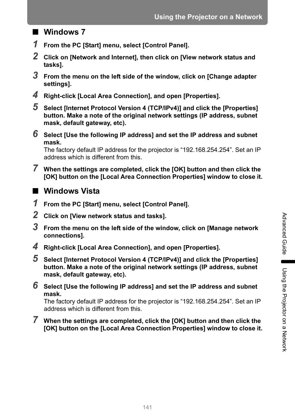 Windows 7, Windows vista | Canon REALiS 4K501ST Pro AV 5000-Lumen LCoS Projector User Manual | Page 141 / 196