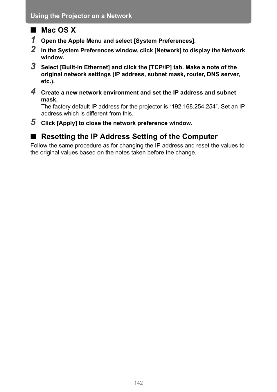 Mac os x, Resetting the ip address setting of the computer | Canon REALiS 4K501ST Pro AV 5000-Lumen LCoS Projector User Manual | Page 142 / 196