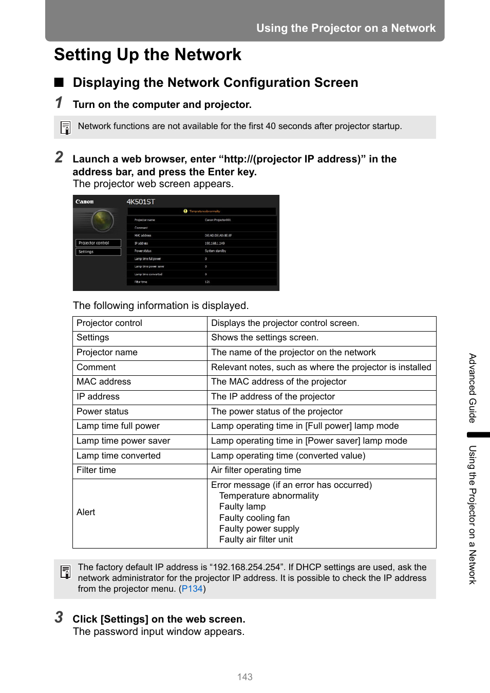 Setting up the network, Displaying the network configuration screen | Canon REALiS 4K501ST Pro AV 5000-Lumen LCoS Projector User Manual | Page 143 / 196