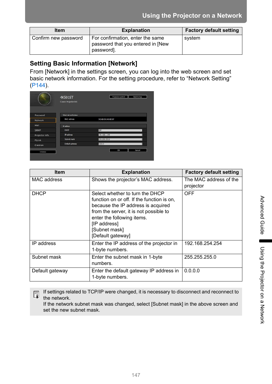P147, Using the projector on a network, Setting basic information [network | Canon REALiS 4K501ST Pro AV 5000-Lumen LCoS Projector User Manual | Page 147 / 196