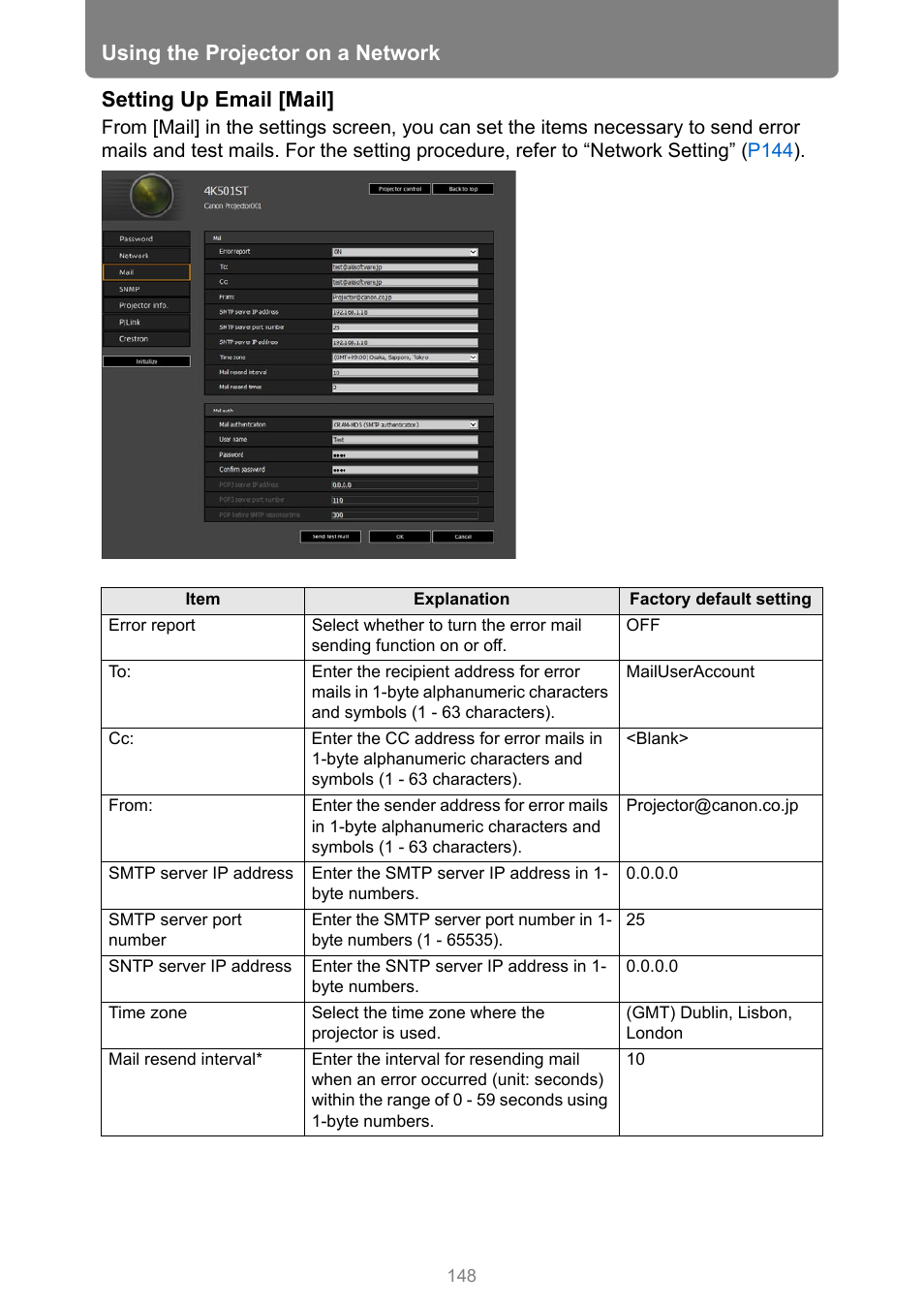 P148, Using the projector on a network, Setting up email [mail | Canon REALiS 4K501ST Pro AV 5000-Lumen LCoS Projector User Manual | Page 148 / 196