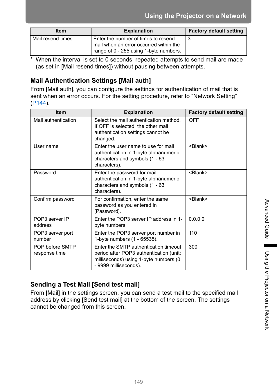 P149, Using the projector on a network, Mail authentication settings [mail auth | Sending a test mail [send test mail | Canon REALiS 4K501ST Pro AV 5000-Lumen LCoS Projector User Manual | Page 149 / 196