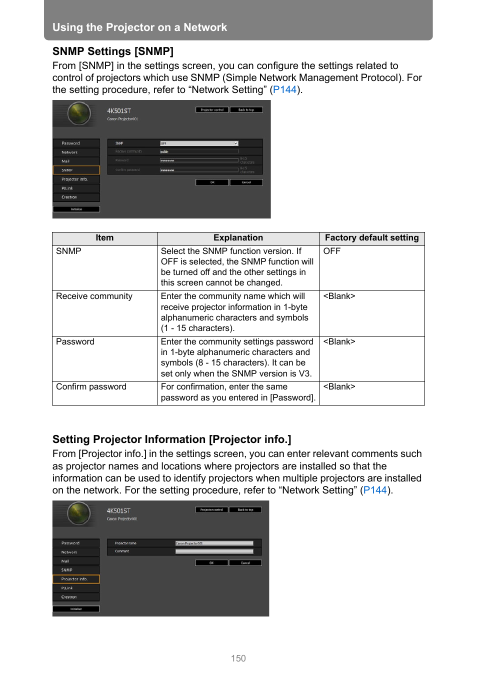 Snmp, P150, Using the projector on a network | Snmp settings [snmp, Setting projector information [projector info | Canon REALiS 4K501ST Pro AV 5000-Lumen LCoS Projector User Manual | Page 150 / 196