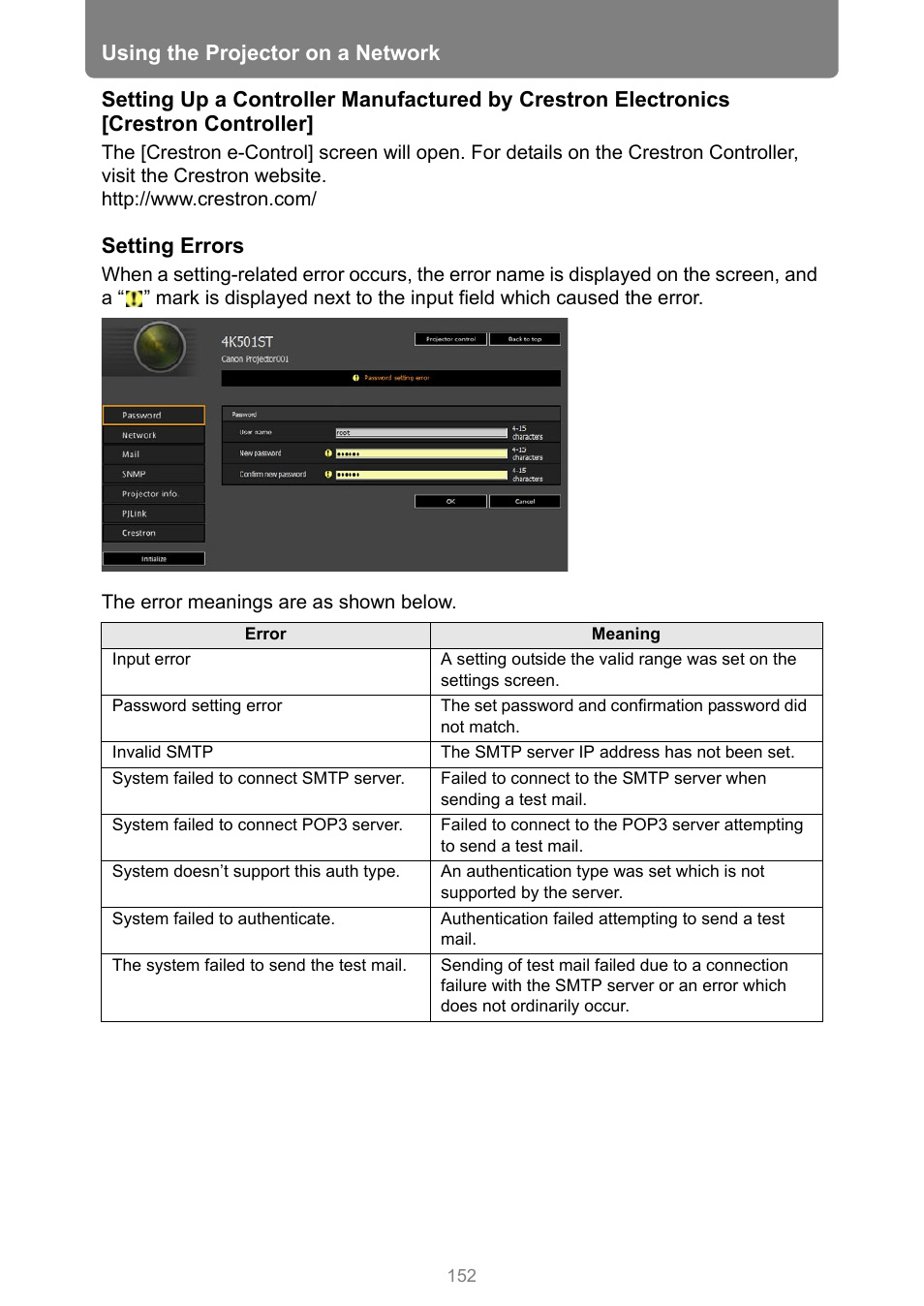 Using the projector on a network, Setting errors | Canon REALiS 4K501ST Pro AV 5000-Lumen LCoS Projector User Manual | Page 152 / 196