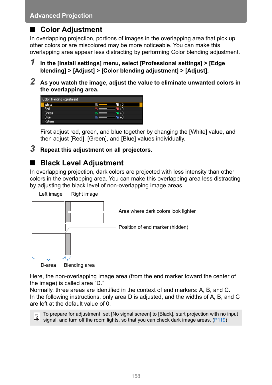 Color adjustment, Black level adjustment | Canon REALiS 4K501ST Pro AV 5000-Lumen LCoS Projector User Manual | Page 158 / 196