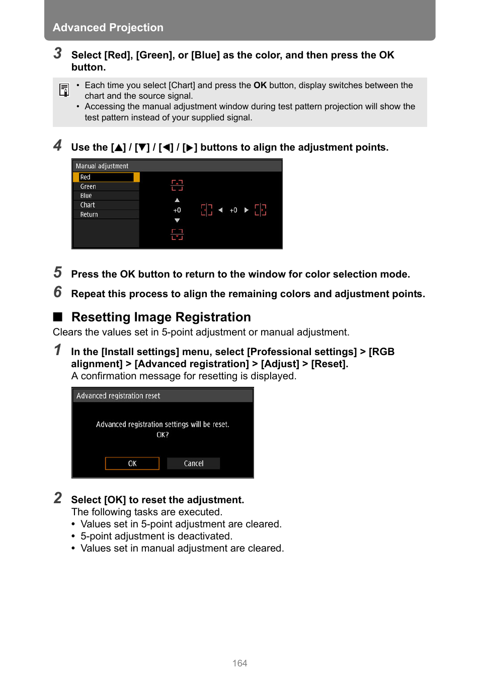 Resetting image registration | Canon REALiS 4K501ST Pro AV 5000-Lumen LCoS Projector User Manual | Page 164 / 196