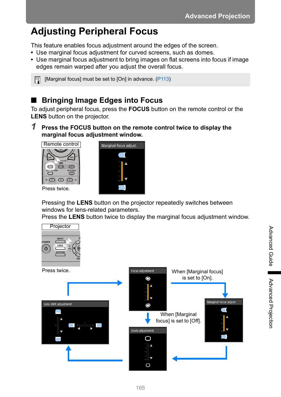 Adjusting peripheral focus, Bringing image edges into focus, P165 | Depend, Refer to “adjusting peripheral focus | Canon REALiS 4K501ST Pro AV 5000-Lumen LCoS Projector User Manual | Page 165 / 196