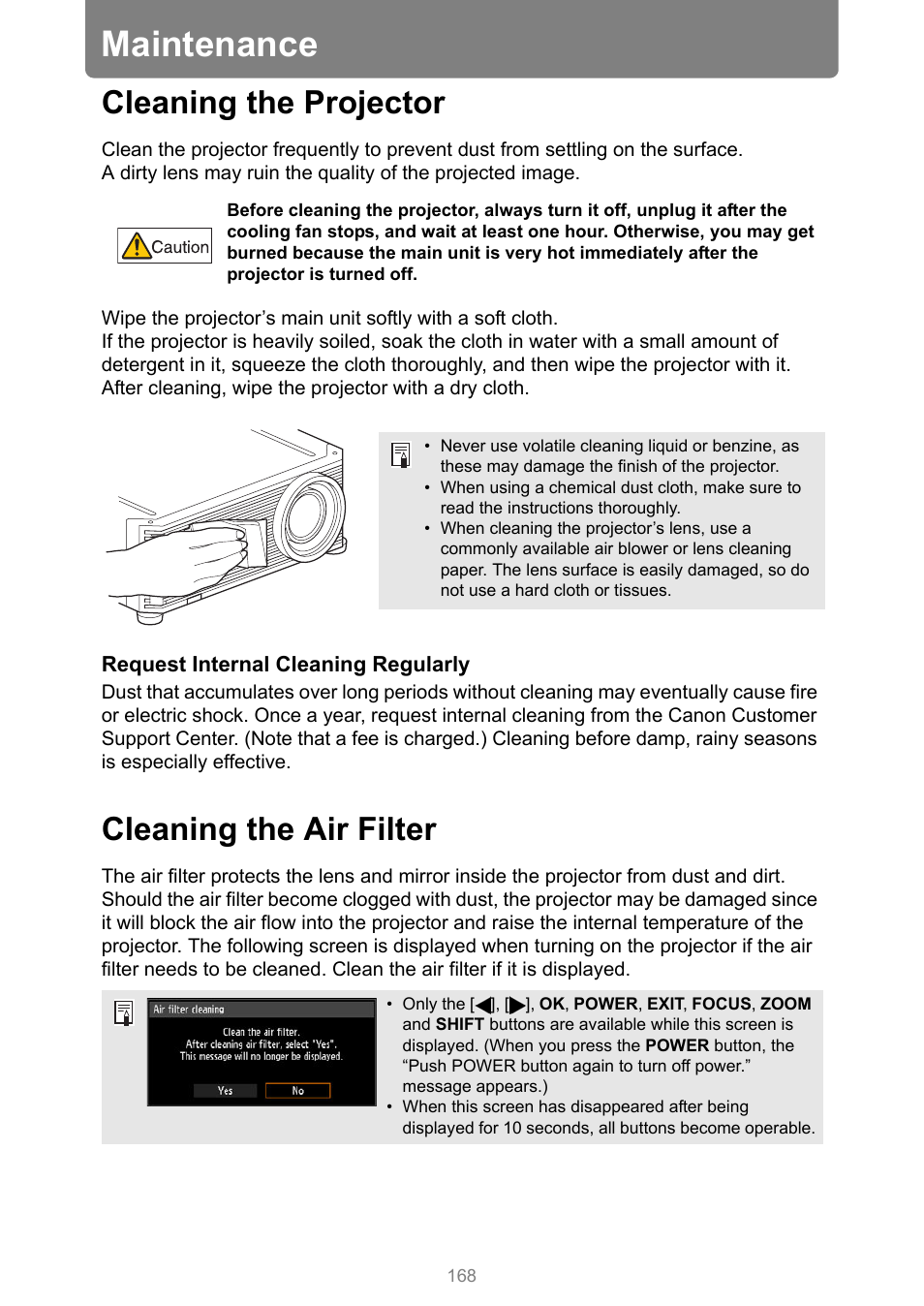 Maintenance, Cleaning the projector, Cleaning the air filter | Cleaning the projector cleaning the air filter | Canon REALiS 4K501ST Pro AV 5000-Lumen LCoS Projector User Manual | Page 168 / 196