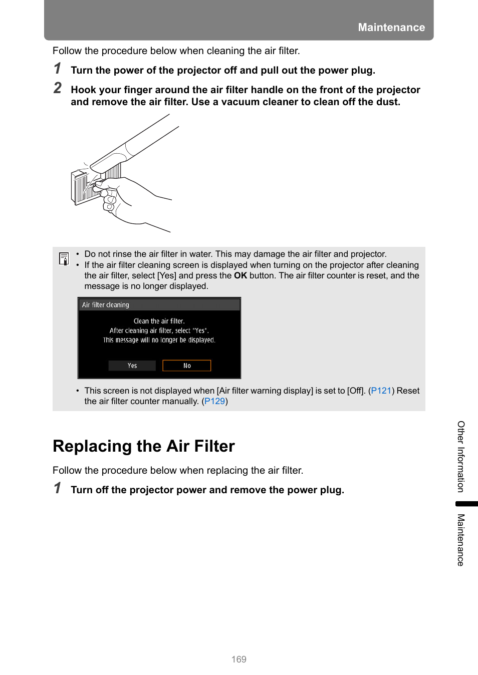 Replacing the air filter, P169 | Canon REALiS 4K501ST Pro AV 5000-Lumen LCoS Projector User Manual | Page 169 / 196
