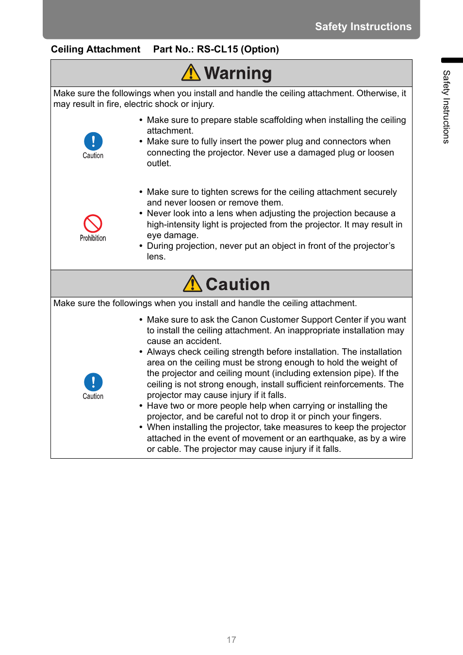 Safety instructions | Canon REALiS 4K501ST Pro AV 5000-Lumen LCoS Projector User Manual | Page 17 / 196