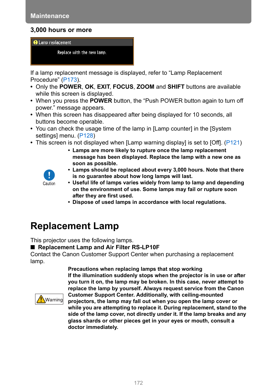 Replacement lamp | Canon REALiS 4K501ST Pro AV 5000-Lumen LCoS Projector User Manual | Page 172 / 196