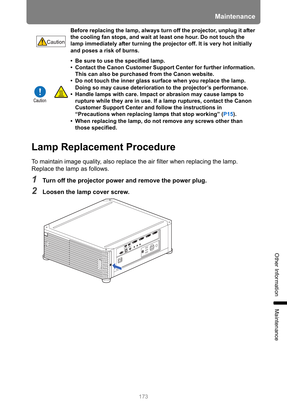 Lamp replacement procedure, P173, Refer to “lamp replacement procedure | Canon REALiS 4K501ST Pro AV 5000-Lumen LCoS Projector User Manual | Page 173 / 196