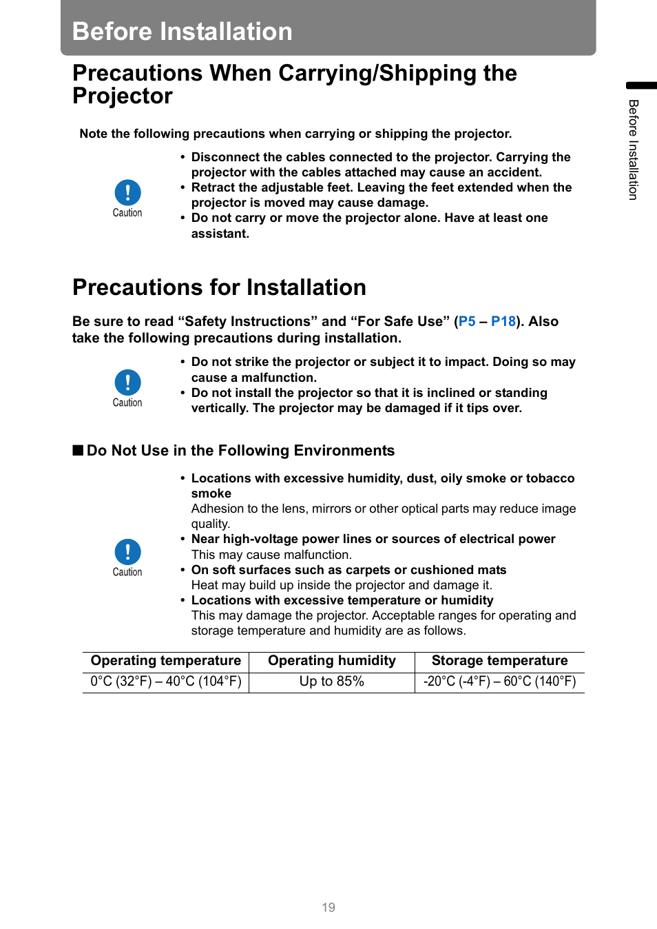 Before installation, Precautions when carrying/shipping the projector, Precautions for installation | Canon REALiS 4K501ST Pro AV 5000-Lumen LCoS Projector User Manual | Page 19 / 196