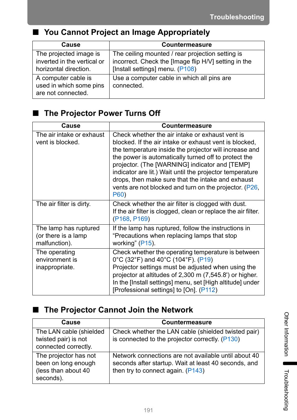 You cannot project an image appropriately, The projector power turns off, The projector cannot join the network | Canon REALiS 4K501ST Pro AV 5000-Lumen LCoS Projector User Manual | Page 191 / 196