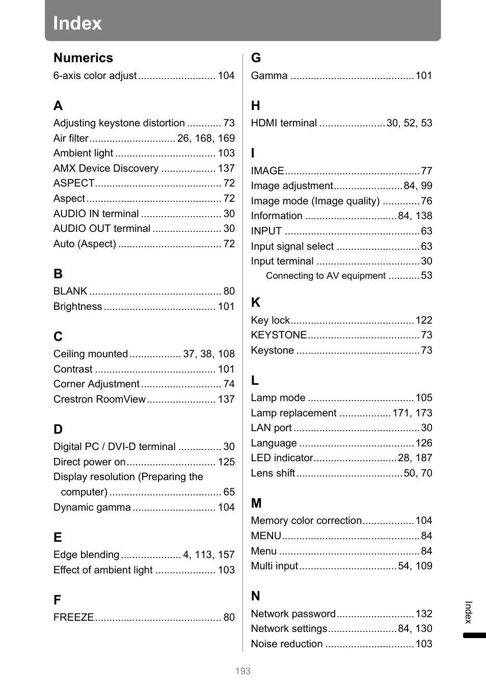 Index, Numerics | Canon REALiS 4K501ST Pro AV 5000-Lumen LCoS Projector User Manual | Page 193 / 196